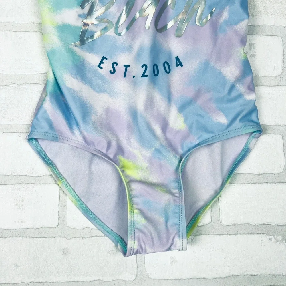 Justice Beach Girls‎ Tie Dye One Piece Swimsuit Multi Strap Blue Purple L 12/14